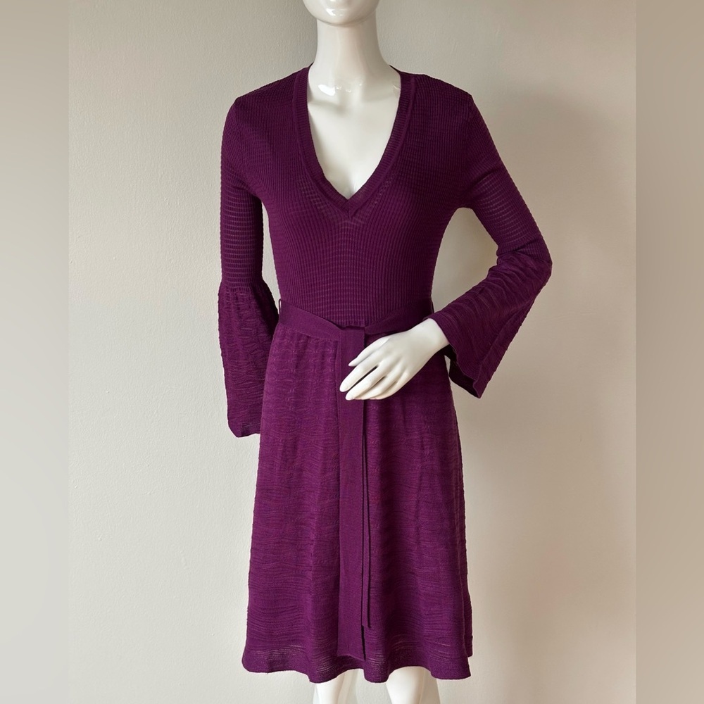 Missoni Purple Merino Wool Fit & Flare Belted V-Neck Dress (Size S M) - Picture 3 of 9